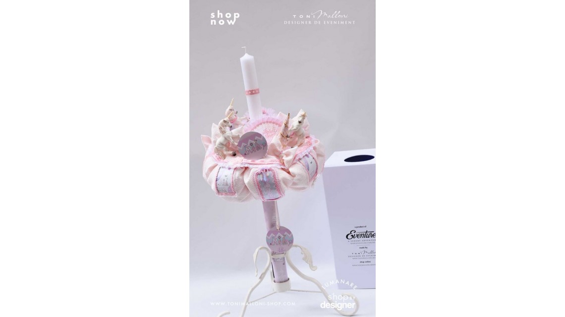 Lumanare de botez cu unicorni glam chevron pattern in roz si lila Posh Unicorn 2020 4
